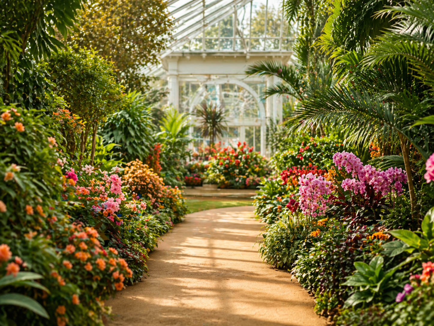 Sunlit pathway through a botanical garden
