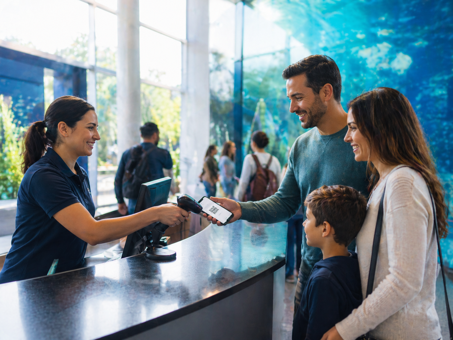 Family checking in at an attraction admission desk